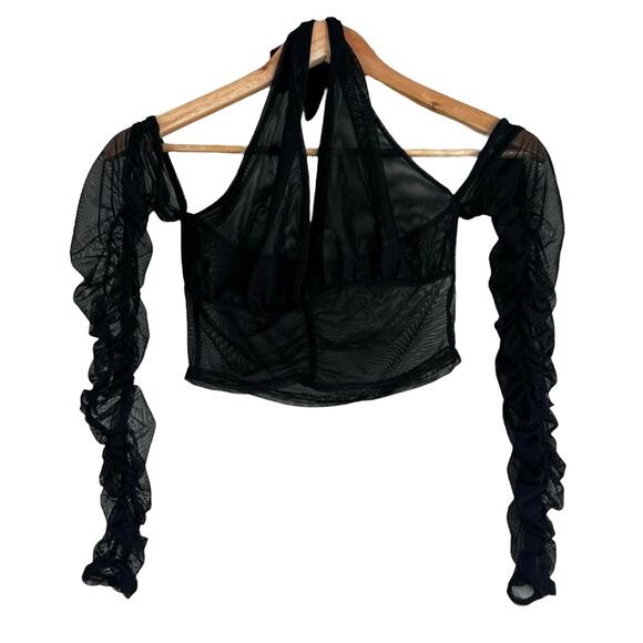 PrettyLittleThing Crop Top Womens 4 Black Sheer Ruched Off Shoulder Halter Rave - Picture 1 of 4